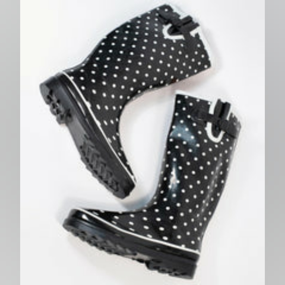 Black & White Polka Dot Rubber Rain Boots Retro Sz 9